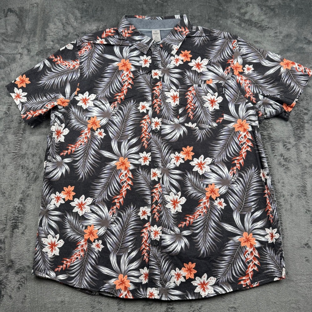 Hurley Mens XL Tropical Floral Palm Print Short Sleeve Button Down Shirt Black